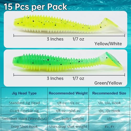 Soft Plastic Paddle Tail Swimbaits Pack of 15 – 3" Soft Plastic Fishing Lures with Extra-Large Tail for Lifelike Swimming Action – Freshwater & Saltwater - color: Green-yellow