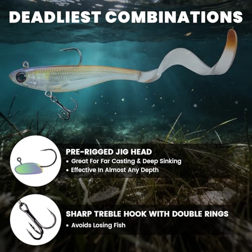 Pre-Rigged Soft Fishing Lures with Weedless Hook, Lifelike Paddle Tail Swimbaits for Bass Fishing, Freshwater & Saltwater Curly Type Tail Soft Plastic Baits for Bass, Pike, Trout, and Walleye. - color: B1-3"-0.31oz