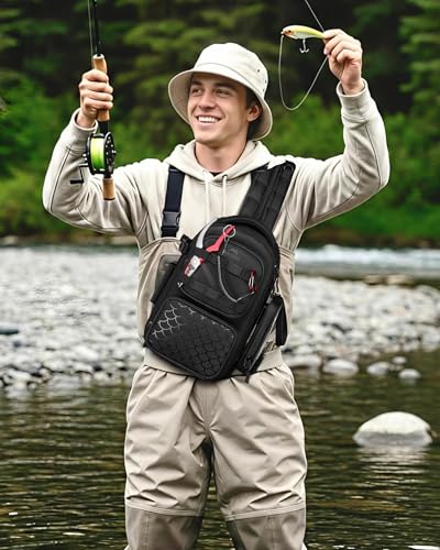 MATEIN Fishing Sling Bag with Lure Rod Holder & Phone Pouch, Waterproof 3600 Tackle Box Backpack with Removable Bait Binder - color: Black