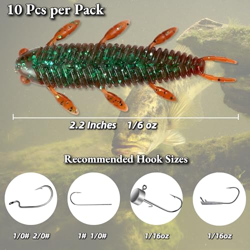 Fishing Lure, Soft Plastic Grub,10 pcs Chariot Bug Soft Lures, Wacky Worms Baits for Bass Fishing for Texas Carolina Weightless Finesse Rig Kit Gear - color: Green Pumpkin