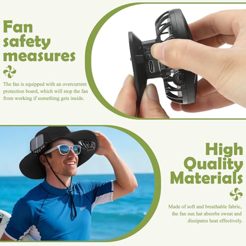 Berlune Sun Hat with 2 Solar Fan Wide Brim Fishing Bucket Hat USB & Solar for Men Women UPF 50+ Cooling for Fishing Beach - color: Black, size: 4.7 Inch Brim
