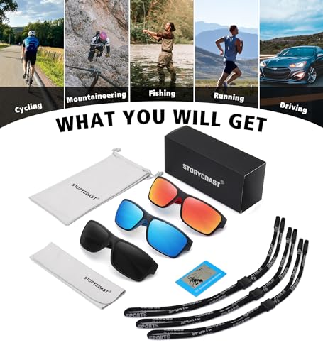 STORYCOAST Polarized Sports Sunglasses for Men Women Unbreakable Frame Cycling Fishing Driving - color: 3pack-black+red+blue