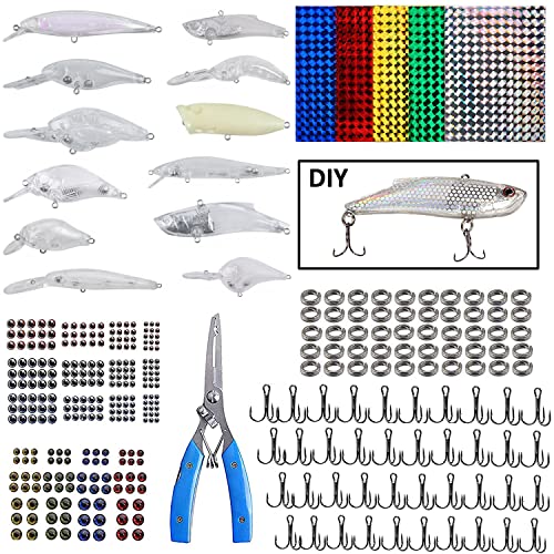Unpainted Fishing Lures DIY Minnow Kit - 280/363pcs Blank Hard Crankbait Set Pliers Scissors,Treble Hooks,Split Rings,Stickers,3D Eyes for Making Lures DIY Fishing Tackle Kit - color: 363pcs kit