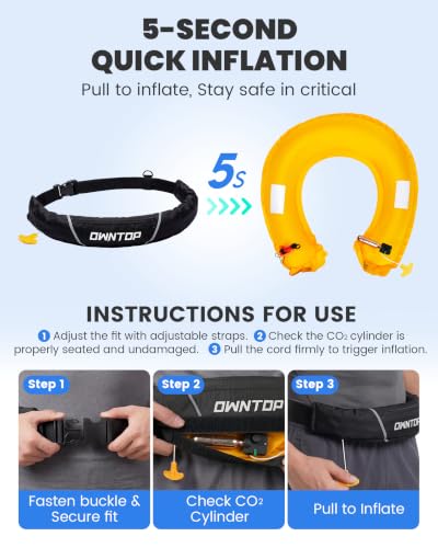 Owntop Manual Inflatable Belt Pack, Adults Swim Jacket with Blowpipe & Whistle, 24g CO2 Cylinder Included, Low Profile for Kayaking, Fishing, Paddle Sports - color: Black, size: One Size