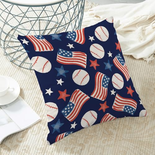 4th of July Pillow Covers 16x16 Inch 2pcs Patriotic Baseball American Flags Navy Blue Throw Pillows Red Blue Stars Independence Day Pillowcase Outdoor Decorative Linen Cushion Covers for Sofa Couch - color: Baseball American Flag, size: 16" x 16" (Pack of