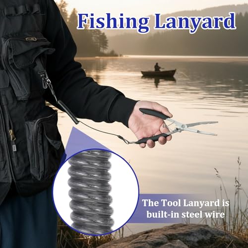 Stainless Steel Fishing Pliers Fishing Hook Remover Needle Nose Pliers Line Cutter Plier with Lanyard Multi-Function Braid Cutter Lockable Handy Fish Tool with Storage Bag For Men Saltwater Freshwater