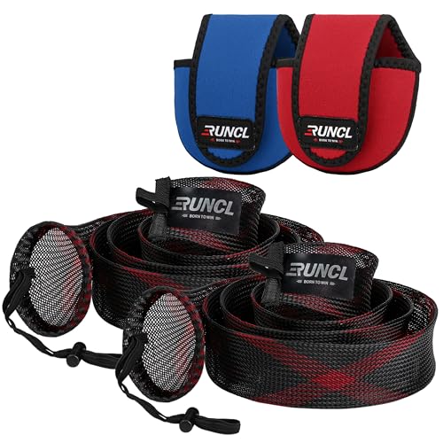 RUNCL Fishing Rod Sleeves & Reel Bags, Spinning/Casting Rod Socks & Spinning/Baitcasting Reel Covers - Protection Solution, Space Saver, Perfect Storage - Fishing Pole Sleeves & Reel Pouch (2 Pack) - color: Casting Rod Sleeves*2pcs+Reel Bags*2pcs,(Red & B