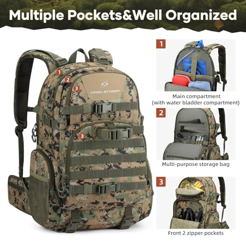 Maelstrom Tactical Backpack for Men, Water Resistant 40L Military Bag | Molle System, 900d Polyester, Laptop Pocket, Load Compression, Tripod Straps, For Hunting, Travel, Hiking,Gym, Camping - color: E.woodland Camo