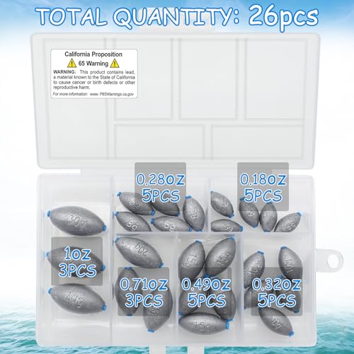 Egg Fishing Sinkers Weights Assortment, 26pcs 5/6 Size Bullet Fishing Weights Lead Oval Shape Bass Casting Worm Bullet Tackle for Saltwater Freshwater Fishing - size: 6 sizes-26pcs