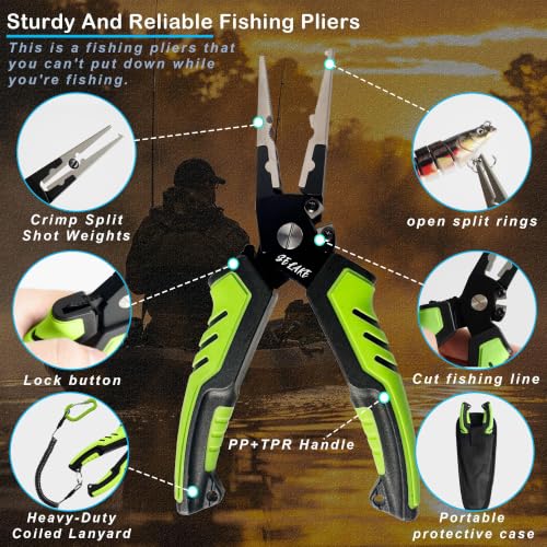 Selake 7 PCS Complete Fishing Tools Set, Fish Lip Gripper with Scale, Fishing Pliers, Hook Remover, Line Cutter & Scissors, Corrosion Resistant for Saltwater Freshwater Kayak Ice Fishing - color: Green