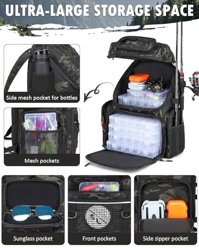 HAMBOLY Fishing Backpack with Tackle Boxes, 50L Fishing Tackle Bag with Cooler & Rod Holders, Waterproof Tackle Bag for Men - color: Dark CM