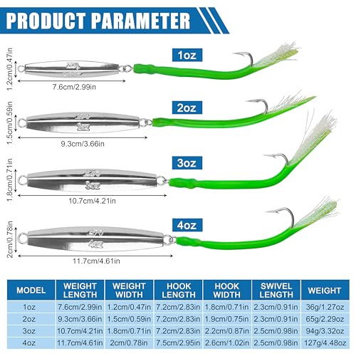 Diamond Jigs Saltwater Fishing Lures,Casting Jigging Spoon with Split Tube Tail Stainless Steel Hook Metal Jig Spoon Baits for Deep Sea Offshore Surf Fishing Bottom Sinking - color: Green-1pc, size: 4oz