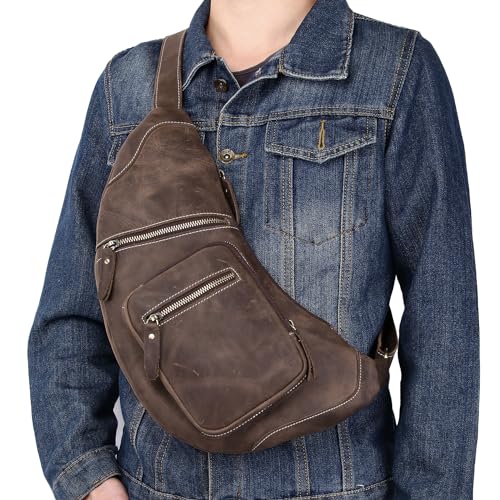 Genuine Leather Sling Bag for Men Women Shoulder Backpack Satchel Crossbody Chest Casual Outdoor Daypack - color: #01deep Brown