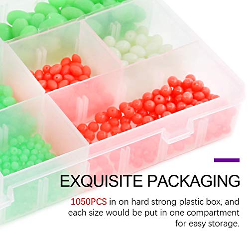 Swpeet 1050Pcs Plastic Oval Shaped Luminous Fishing Beads Assortment Kit, Soft Rigging Lures Baits Tackle Tools Floats Set for Rig