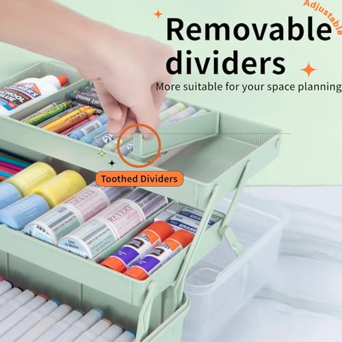 TERGOO 14in 3-Layer Multipurpose Craft Organizers and Storage with Adjustable Dividers, Portable Tackle Box, Folding Art & Craft Case for Medicine, Tool, Sewing Organizer (Haze Green, X-Large) - color: Haze Green, size: X-Large