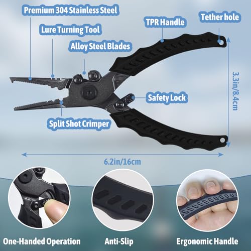 Eupheng Muti Function Fishing Pliers with Tippet Cutter Set Stainless Saltwater Resistant Hook Remover with Safety Lock,Split Ring Pliers,Braided Fishing Line Cutting Fishing Tool Set Gift for Men - style: Muti-Function Fishing Pliers +Tippet cutter
