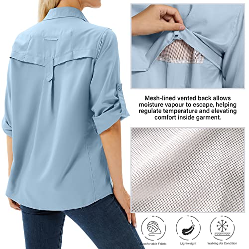 Women's UPF 50 Long Sleeve Sun Protection Shirts Safari Fishing Hiking - color: Blue, size: Large