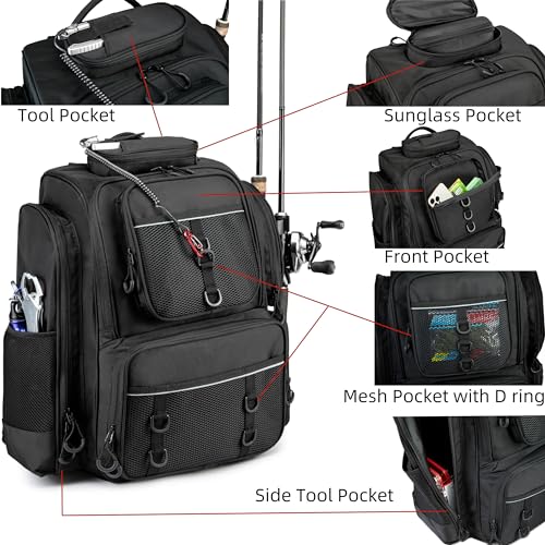 WANOON Fishing Backpack,Tackle Bag,with Tackle Boxes. Large Fishing Bag, Strong Materials | 42L Large Capacity Fishing Bag, Multiple Pockets for Organized Outdoor Fishing Storage - color: Black, size: 42L-With Tackle Boxes