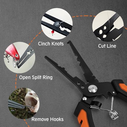 6.5 inch Fishing Pliers, 420 Stainless Steel Fishing Tools, Saltwater Resistant Fishing Gear, Tungsten Carbide Cutters,6.5'' Split Ring Nose, Orange