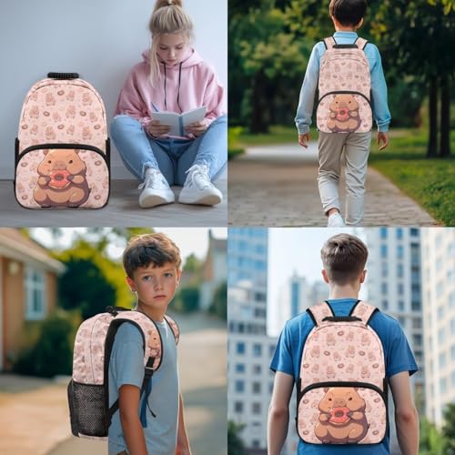 4 PCS Backpack for Kids Elementary Student Capybara Backpacks with Insulated Lunch Box Pencil Case Water Bottle Holder Carrier Bag Pink - color: Capybara Pink
