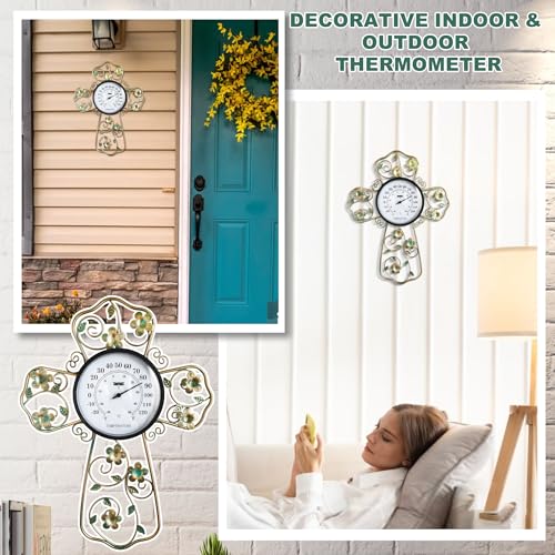 Wall Thermometer Indoor Home with Cross and Floral Design - Metal Prayer Room Decor for Christian, Green Flower Wall Thermometer for Living Room, Bedroom - Accurate Temperature Gauge - color: A-Christian Cross