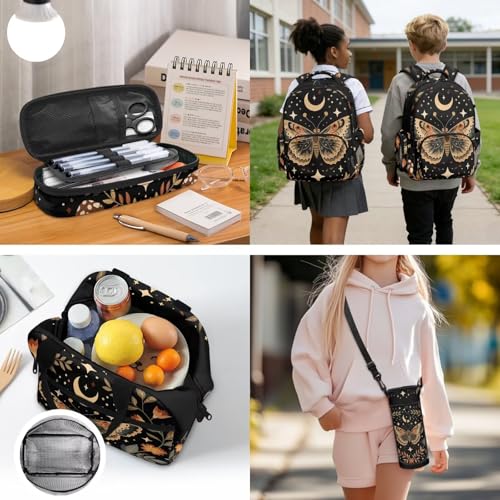 4 PCS Cute School Backpack for Boys Butterfly Schoolbag Rucksack with Lunch Box Handbag and Pencil Case Bottle Sleeve Pouch Set for Elementary Middle School - color: Butterfly