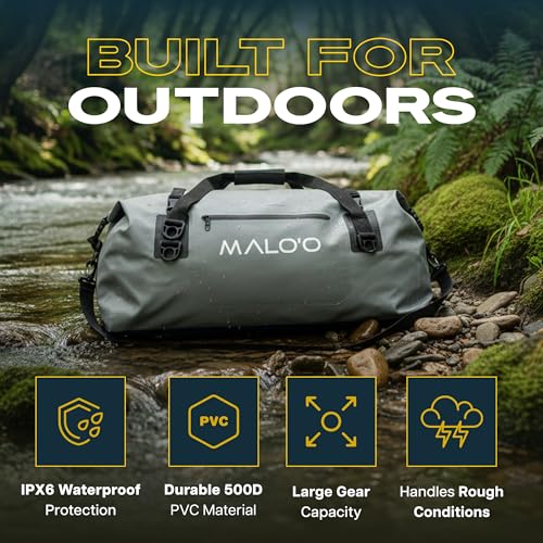 Malo’o Waterproof Dry Duffel, Heavy-Duty Roll Top Waterproof Gear Bag with Shoulder Strap & Molle Loops, Marine Duffel for Kayaking, Boating, Camping, Beach & Travel, Grey, 60L - color: Grey, size: 60L