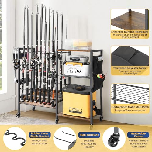 Olakee Fishing Rod Holders, Rolling Fishing Rod Rack for Garage & Boat, Tackle Box & Reel Holder Cart, Easy Assembly Fishing Gear Management System, Ideal Birthday Gift for Men Dad Anglers - color: 16 Rods,Carbonized Black