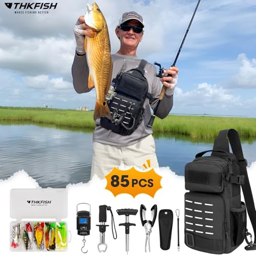 THKFISH 85Pcs Fishing Tool Kit, Fishing Backpack with Tackle Boxes Included, Fishing Tackle Kit Include Fishing Bait Lure Gear Kit, Fishing Pliers, Fish Hook Remover, Lip Gripper - color: Black 01