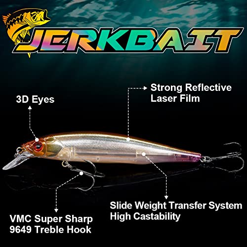 XFISHMAN Jerkbait Kit - Minnow Lure - Suspending - Bass, Smallmouth Bass, Walleye, Largemouth Bass - 1 Piece - color: Wakasagi, size: 85mm（3-1/3"in）