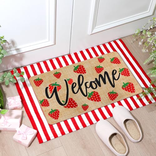 Tinideya 2 Pcs Strawberry Layered Door Mats Outdoor Cute Summer Strawberry Welcome Front Door Rugs Non Slip Floor Mats for Porch Entryway Outdoor - size: 16 x 28 Inch,24 x 35 Inch, style: Strawberry