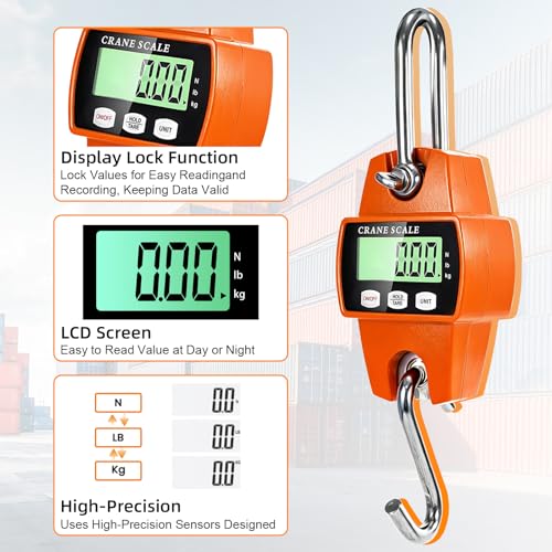 Digital Hanging Scale, 1100lb/500kg Handheld Crane Scale, Small Crane Scale with LCD Display and Hooks, Aluminum Alloy Body for Hunting, Outdoor, Luggage, Farm (Orange) - color: Orange-1100lb