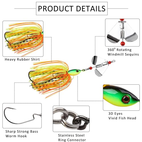 Spinnerbait Fishing Lures Kit, 6pcs Bass Fishing Buzzbait Lures Hard Metal Spinner Baits Swim Jigs for Bass Trout Salmon Pike Freshwater Saltwater - style: A-6pcs