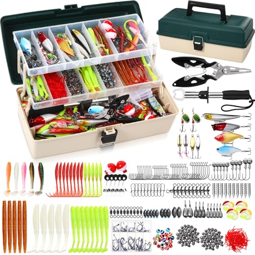 517 Pcs Large 3 Layers Tackle Box with Tackle Fishing Lures Kit Included Pliers, Fish Lip Gripper, Crankbait, Hooks, Other Accessories Fishing Kit for Men Gifts Summer Vacation(Dark Green Milky White) - color: Dark Green Milky White