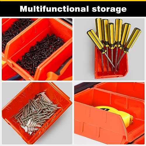 Ultrawall Wall Mounted Storage Bins, Plastic Hanging Storage Organizer Bins, Garage Tool Storage System for Screws, Nuts, Bolts, Nails, and Small Hardware Parts, 12x bins & 3 x rails, Orange - color: Orange