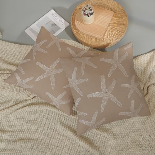 Brown Tan Starfish Pillow Covers 18x18 Inch Set of 2 Coastal Throw Pillows Summer Nautical Ocean Beach Theme Decorative Pillowcase Linen Outdoor Farmhouse Decor Cushion Case for Home Bedroom - color: Brown Starfish, size: 18" x 18" (Pack of 2)