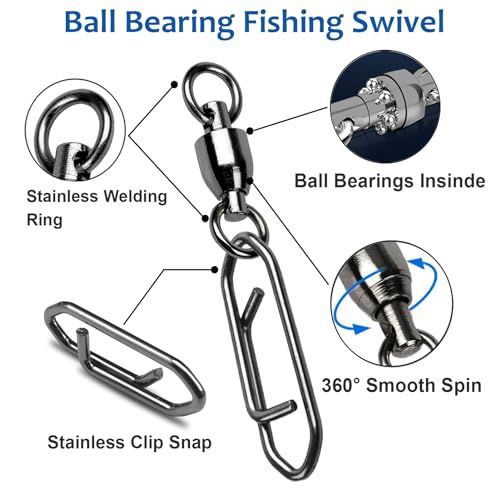 AMYSPORTS High Strength Snap Swivels Stainless Bearing Rolling Fishing Swivel Freshwater Snap Swivels Fishing Clip Steel Black Nickel - size: Size 5+L (133lb) 50 pcs