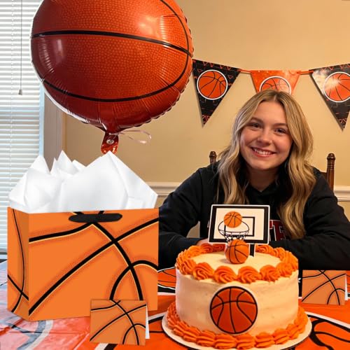 Hooqict Large Basketball Gift Bag Basketball Birthday Gift Wrap Bag with Handles, Tissue Paper, Greeting Cards for Kids Boys Men Sports Themed Goodie Treat Party Favors - color: Basketball
