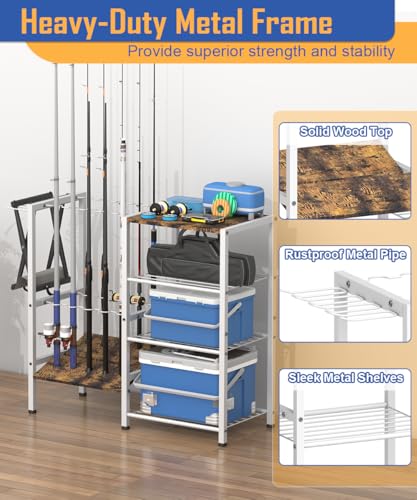 Fishing Rod Holders for Garage, Fishing Pole Holder Stand with Multifunctional Hook, 4 Tier Fishing Gear Equipment Organizers Rack, Fits Most Rods of 1.58" for Home Entryway Corner - color: White