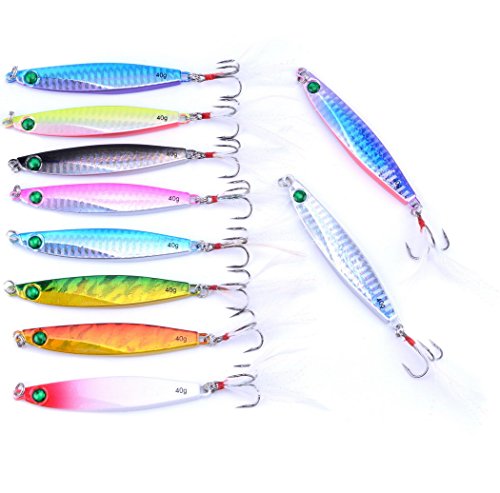 Aorace 10pcs Hard Metal Jigs Diving Sea Fishing Lures Minnow Popper Baits Tackle Crankbait Saltwater Freshwater Lures with Feather - color: 10pcs 8.7cm/40g