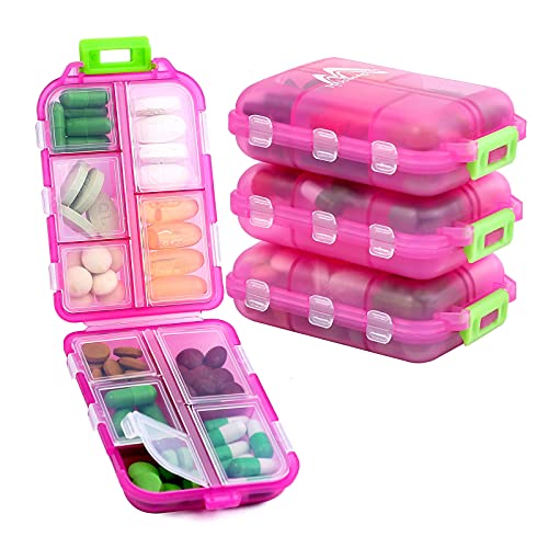 4PS Travel Pill Organizer with 164 Slice Labels，10 Compartments Travel Pill Box Portable Folding Small Pill Case Daily Pill Container Used for Carry Storage Medicine Organizer By M MUchengbao (Pink) - color: Pink