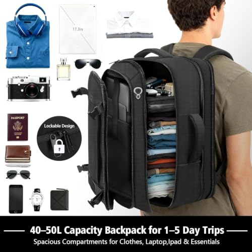Ample Space Travel Backpack with LifetimeWarranty,Expandable Carry on Backpack with Cable Access Port,Fits 17.3"Laptop Notebook,Water Resistant Weekender Backpack Business Trips,Daily Travel,Black - color: Black, size: 17.3inch (19"x12.5"x8.5")