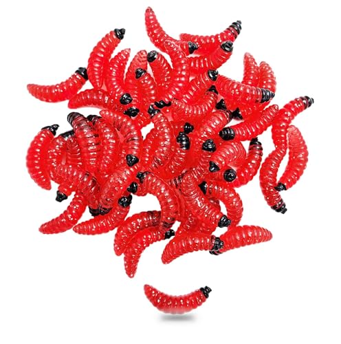 50pcs-1Inch Bass Fishing Worms Lures,Silicone Soft Maggot Baits Bread Worm Fishing Lure,5 Color - color: Red