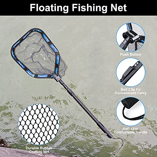 PLUSINNO Floating Fishing Net for Steelhead, Salmon, Fly, Kayak, Catfish, Bass, Trout Fishing, Rubber Coated Foldable Landing Net with Fixed or Telescoping Pole Handle, Fishing Gear and Gifts for Men - color: 11.8"/30cm Hoop Size 1.0M Blue (Telescopic Pol
