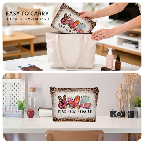 JIUWEIHU Peace Love Makeup Bag, Leopard Print Gifts for Women Cosmetic Bags Travel Organizer Bag Zipper Pouch, Birthday Leopard Gifts for Women Friend Colleague Sister Niece Mom - color: Multicolor 0067