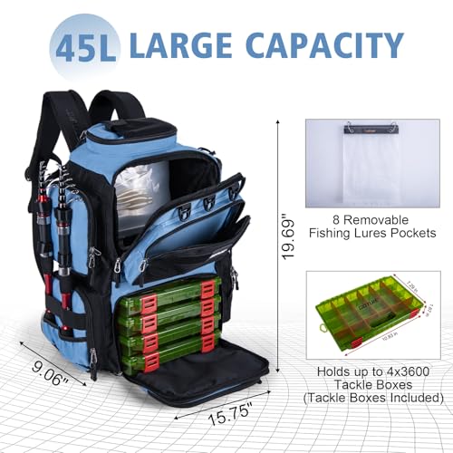 Goture Fishing Backpack with 4 Tackle Boxes,900D Water-Resistant Tackle Backpack with Rod Holders,SBS Zippers,45L Large Tackle Storage Gear Bag with Rain Cover,Bottle Holder for Travel Camping Hiking - color: A1:Blue Black, size: Include 4 Tackle Boxes