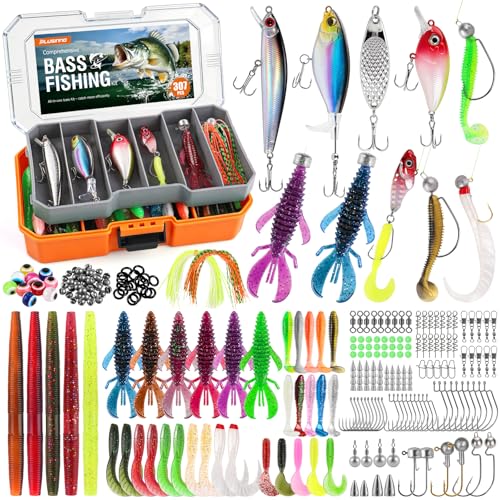PLUSINNO Bass Fishing Lures - Pro Tackle Box Kit for All Water, 307 pcs | Largemouth Smallmouth Bass Fishing Kit, Freshwater, Lake, 6 Pre-rigged Rigs for Ready to Use, Beginners Fishing Tackle - color: orange