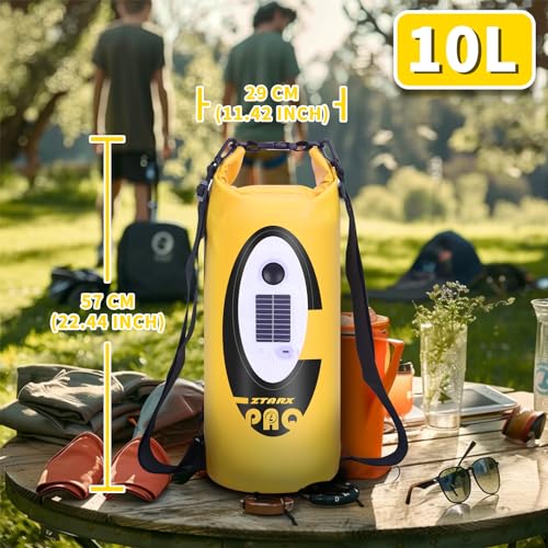 FELICON Waterproof Dry Bag Backpack with Bluetooth Speaker, 10L Roll Top Floating Sack, Solar & USB-C Powered Emergency Charger, RGB Light, Heavy Duty PVC for Kayaking Camping, Yellow - color: Yellow, size: 10L