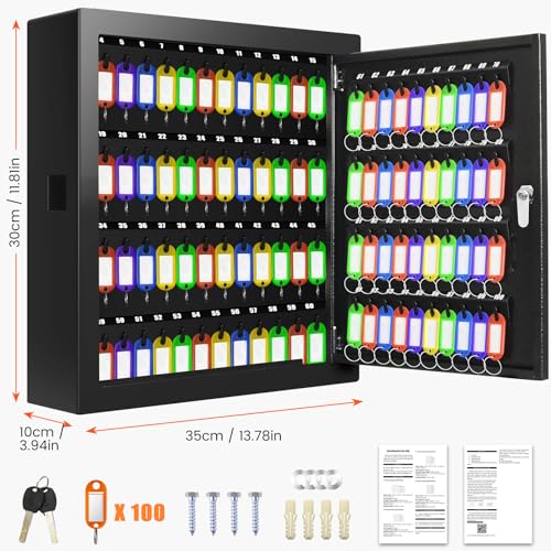 Nebakne 100 Keys Key Cabinet, Anti-Theft Key Lock Box with Key Tags, Adjustable Key Organizer Wall Safe for Car Office House Garage Rental Business - color: Black, size: 100 Key Hook