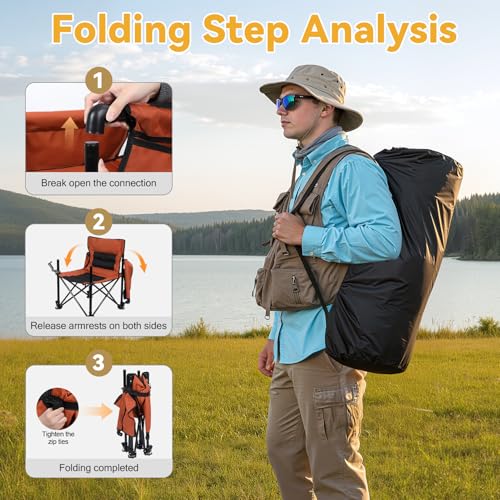 Heavy Duty Folding Fishing Chair 220LBS Load Capacity, Portable Compact Camping Chair with 1 Detachable Rod Holders, Adjustable Legs, Storage Bags & Non-Slip Feet for Outdoor Fishing Beach - color: Orange